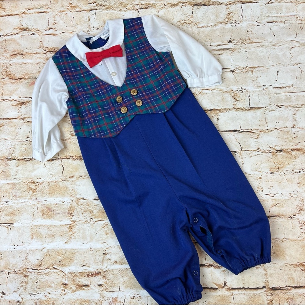Vintage 80s Alexis Plaid Vest Baby Romper with Red Bow Tie